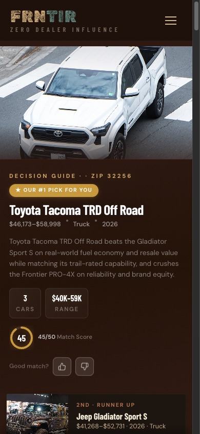 A FRNTIR decision guide: Toyota Tacoma as top pick, with Jeep Gladiator Sport S and Nissan Frontier PRO-4X as alternatives