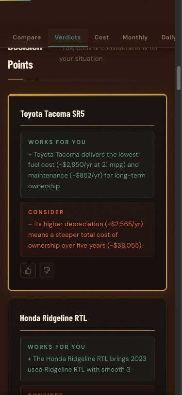 Decision guide Verdicts tab: Works For You and Consider pros and cons for each of the 3 picks